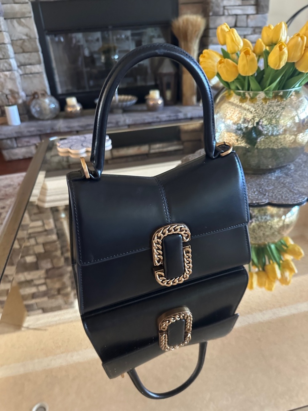 Marc Jacobs Black Leather Top-Handle Satchel with Gold Chain Buckle
